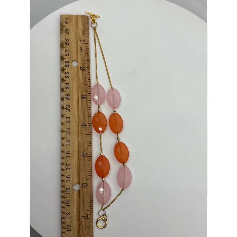 Two Strand Gemstone Bracelet Gold Tone Orange Pink‎ Faceted Beaded Toggle Clasp